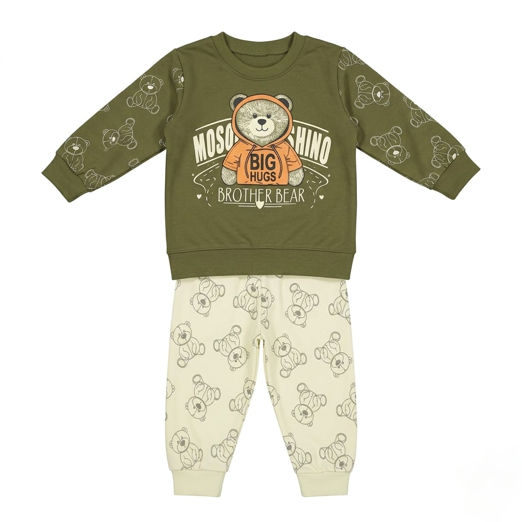 Baby Boy Brother Bear 2-Piece Summer Suit | Olive Green Sweatshirt & Cream Bear Print Jogger Pants Set Libada Wears