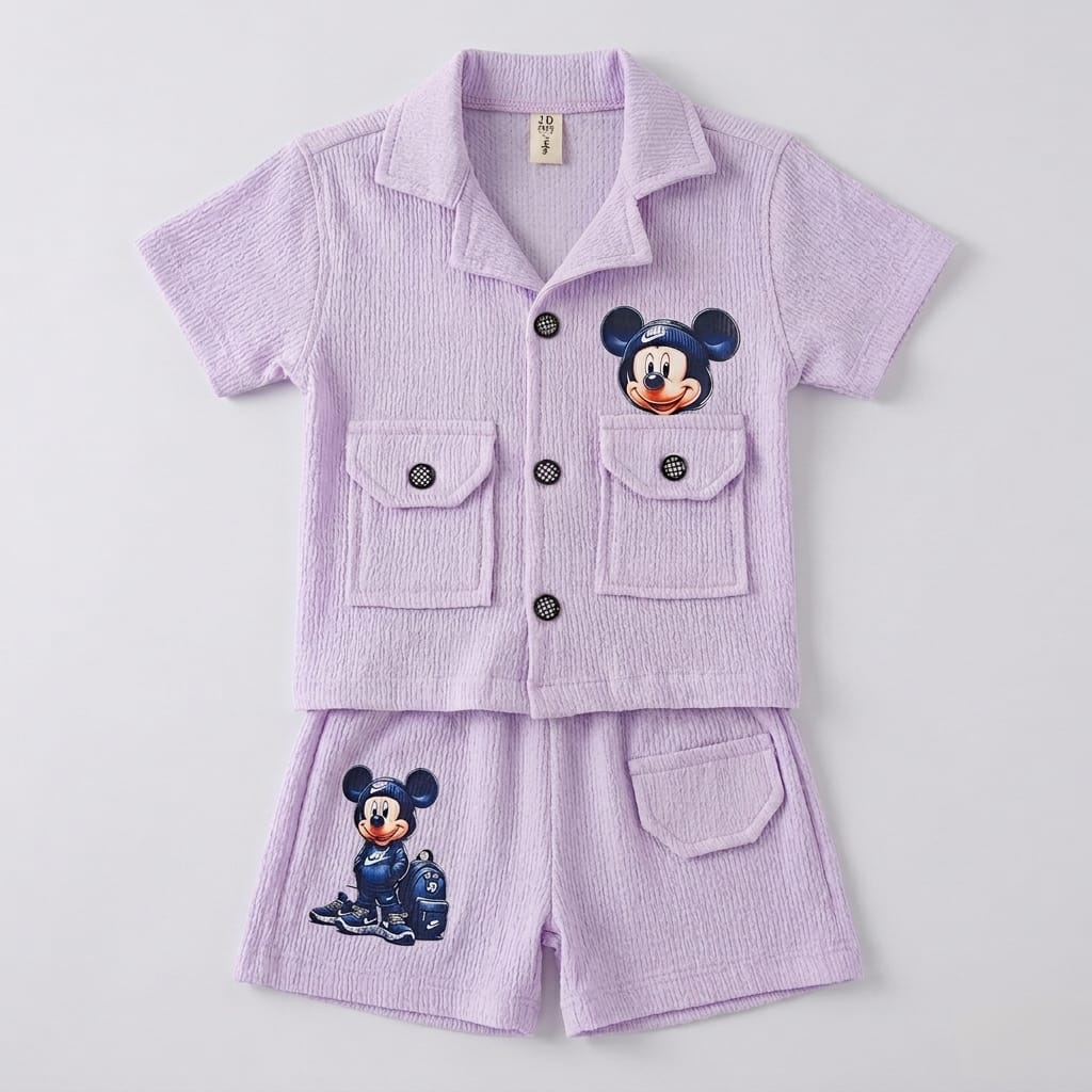 Baby Boy Cartoon Character 2-Piece Summer Suit | Lavender Purple Ribbed Shirt & Shorts Set Libada Wears