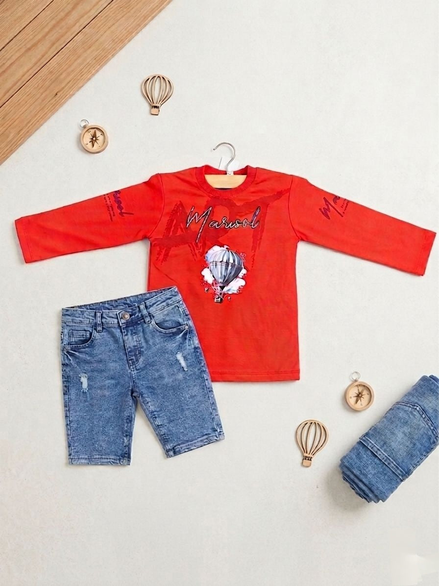 Libada Wears – Boys' Summer Adventure Edition: Vibrant Orange Hot Air Balloon Tee & Acid Wash Denim Set Libada Wears