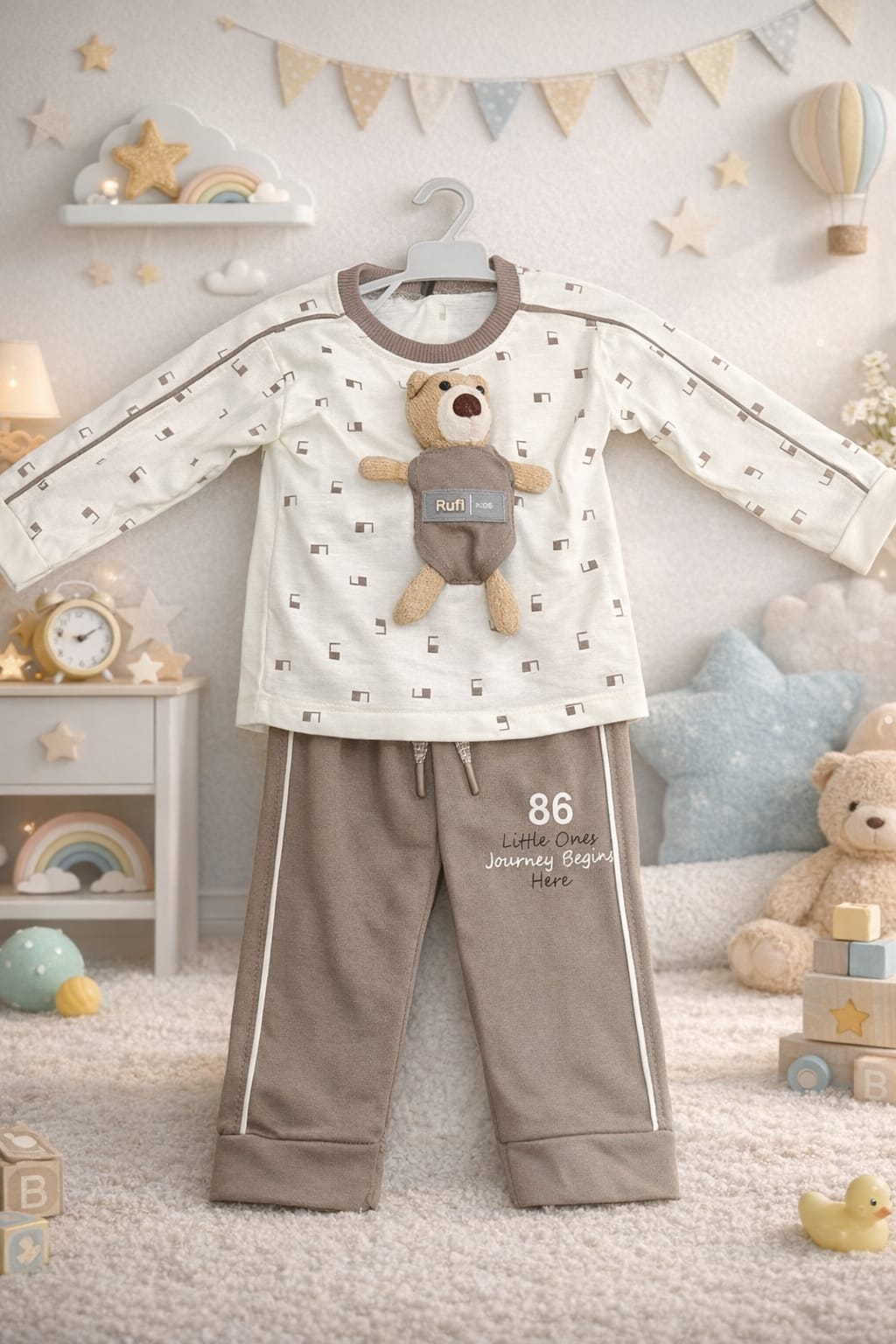Baby Boy Little One's Journey 2-Piece Summer Suit | Cream Print Top with 3D Teddy Bear & Mocha Jogger Pants Set Libada Wears