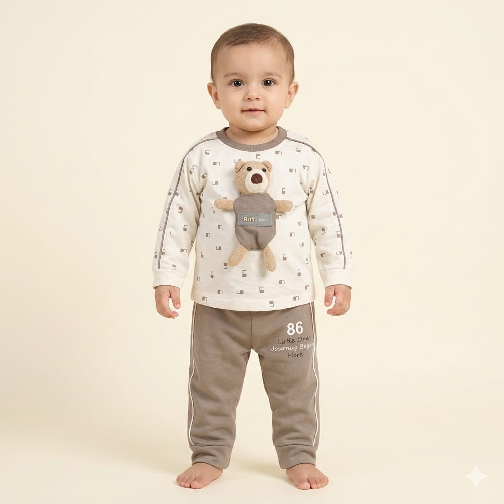 Baby Boy Little One's Journey 2-Piece Summer Suit | Cream Print Top with 3D Teddy Bear & Mocha Jogger Pants Set Libada Wears