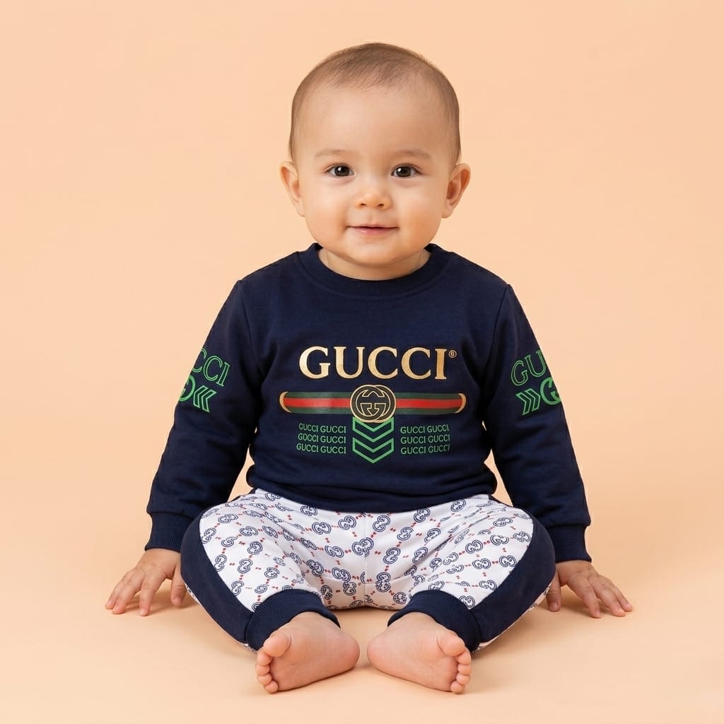 Baby Boy Designer Style 2-Piece Summer Suit | Navy Blue Sweatshirt & White Printed Jogger Pants Set Libada Wears