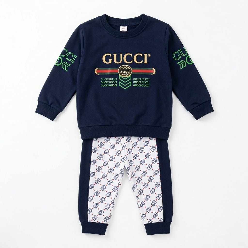 Baby Boy Designer Style 2-Piece Summer Suit | Navy Blue Sweatshirt & White Printed Jogger Pants Set Libada Wears