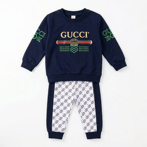 Baby Boy Designer Style 2-Piece Summer Suit | Navy Blue Sweatshirt & White Printed Jogger Pants Set Libada Wears