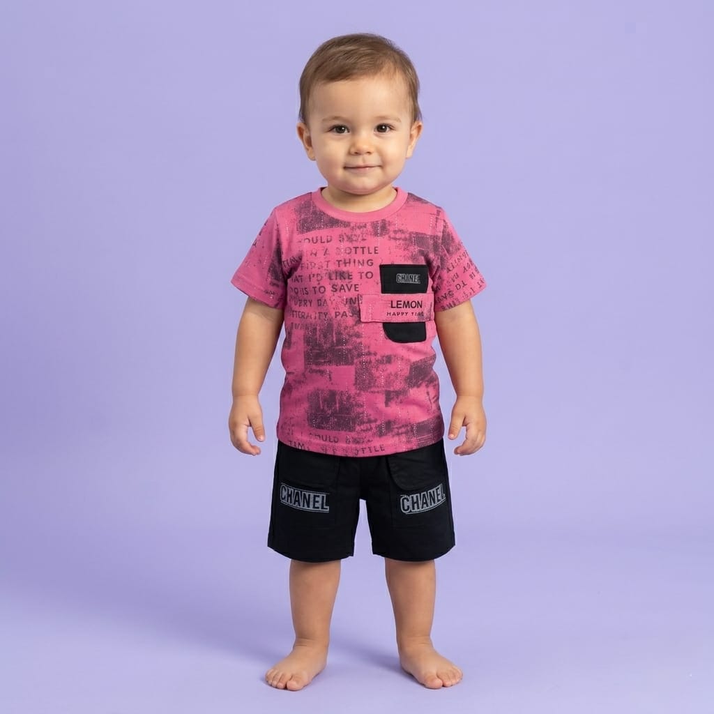 Libada Wear | Baby Boy Graphic Print 2-Piece Summer Suit | Pink T-Shirt & Black Shorts Set Libada Wears