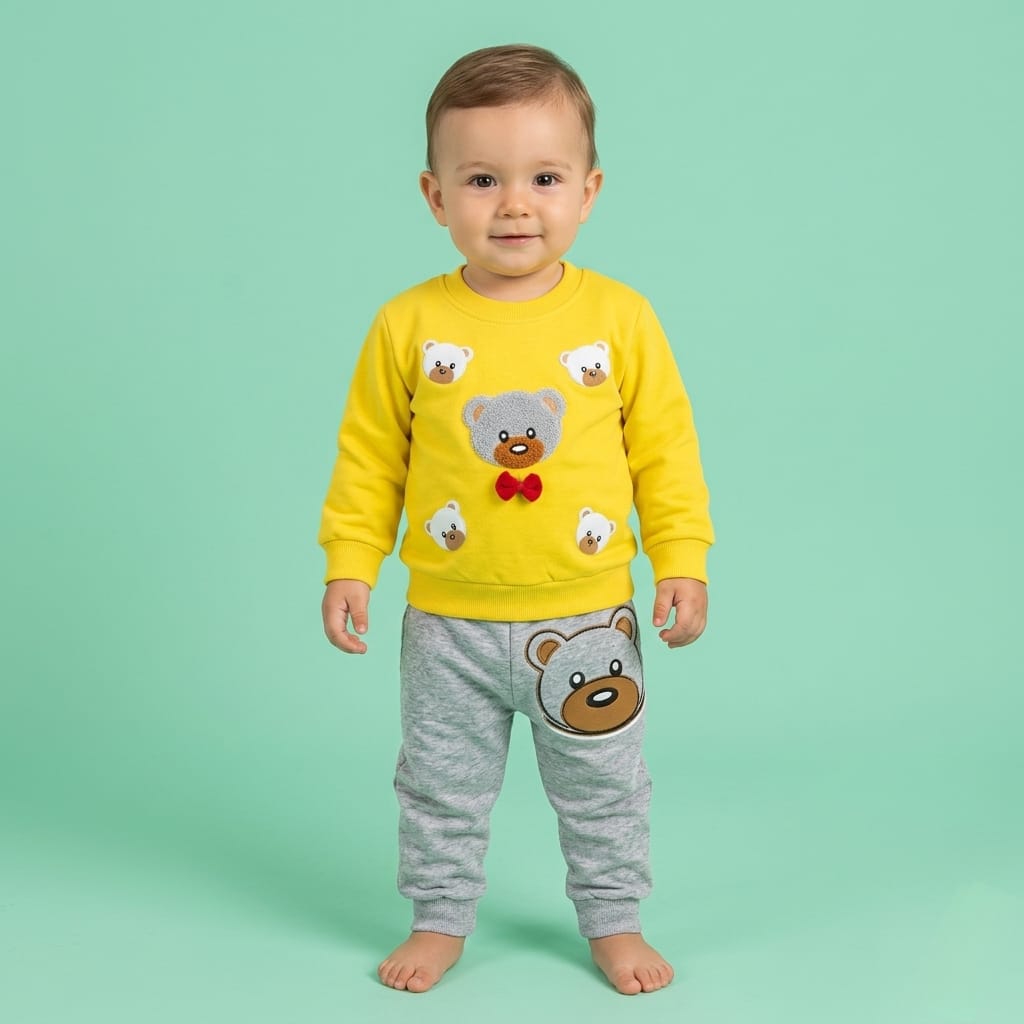 Libada Wears | Baby Boy Teddy Bear Bow Tie 2-Piece Summer Suit | Yellow Sweatshirt & Grey Jogger Pants Set Libada Wears