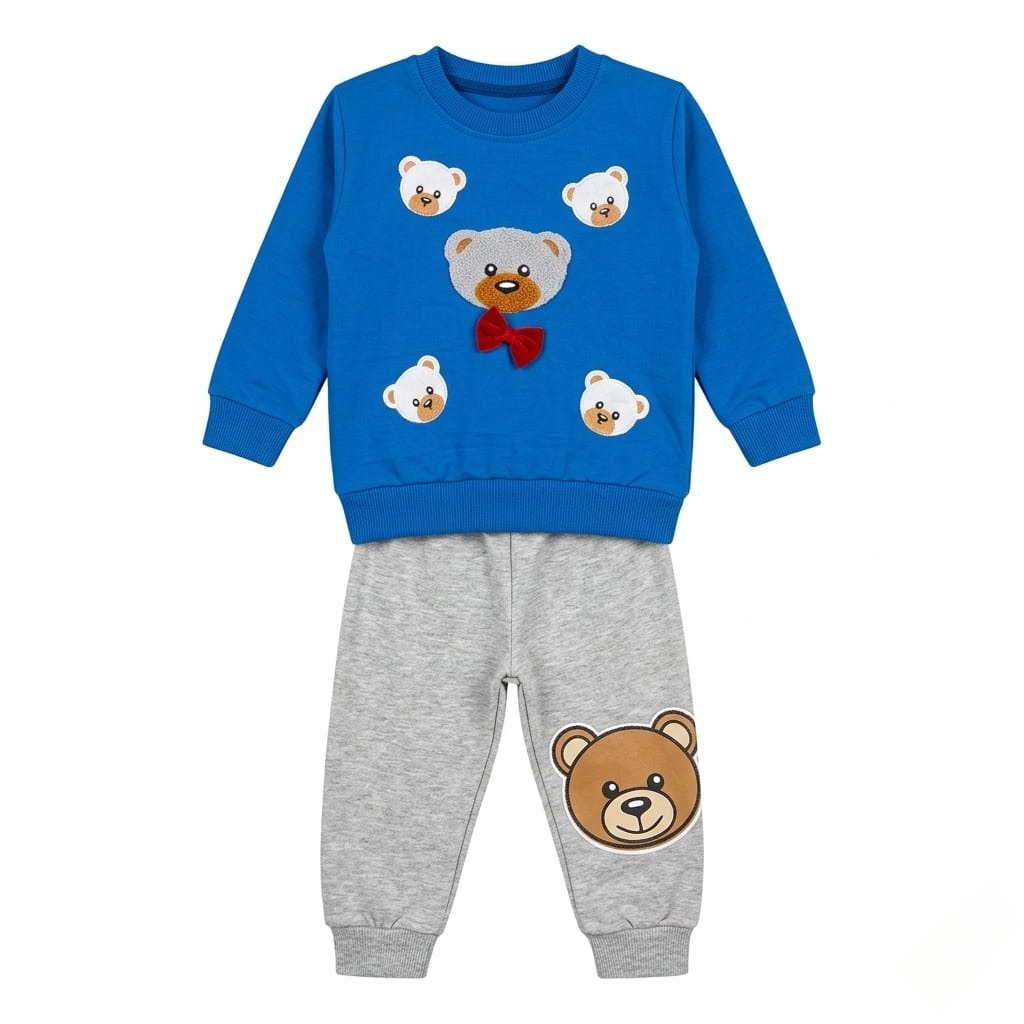 Baby Boy Teddy Bear Bow Tie 2-Piece Summer Suit | Royal Blue Sweatshirt & Grey Jogger Pants Set Libada Wears