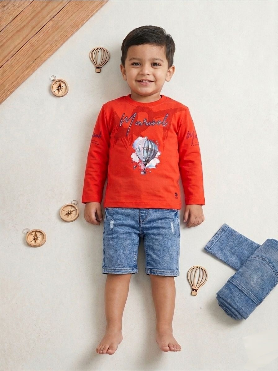 Libada Wears – Boys' Summer Adventure Edition: Vibrant Orange Hot Air Balloon Tee & Acid Wash Denim Set Libada Wears