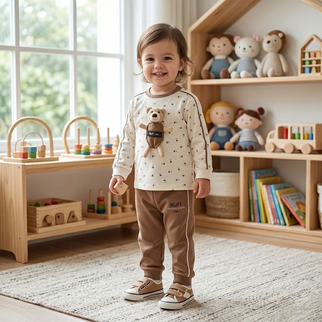Libada Wears   2-Piece Set – Cream Printed Long-Sleeve Tee & Coffee Brown Joggers with 3D Bear Accent Libada Wears