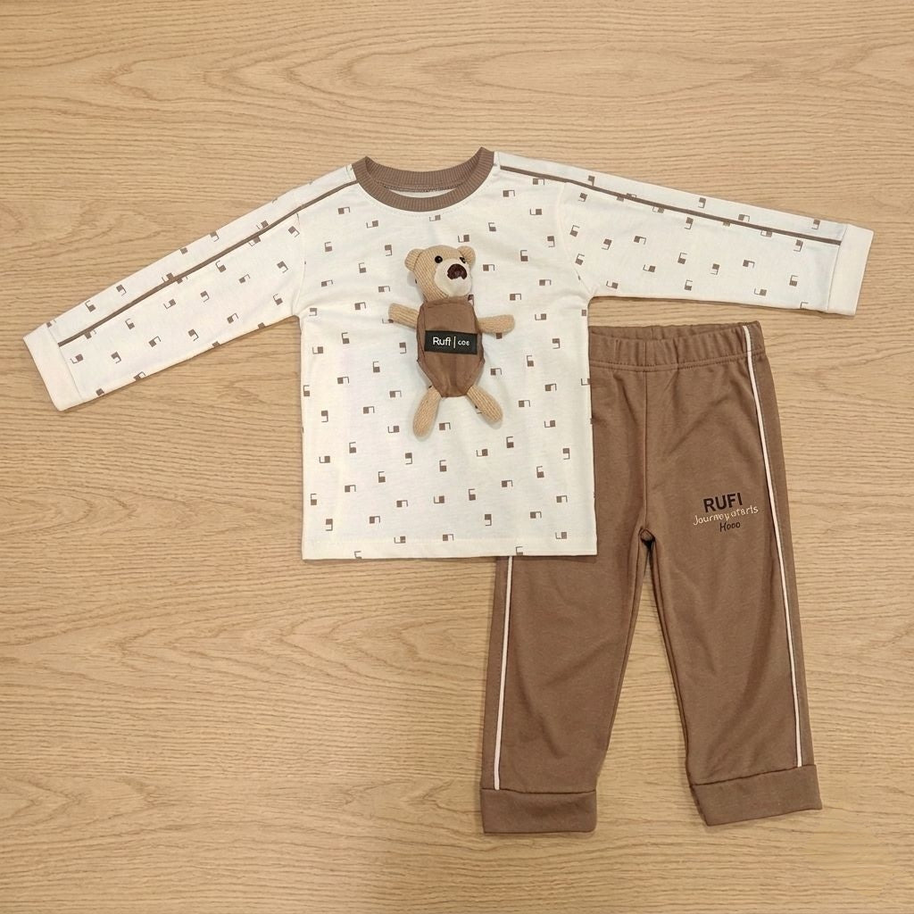 Libada Wears   2-Piece Set – Cream Printed Long-Sleeve Tee & Coffee Brown Joggers with 3D Bear Accent Libada Wears